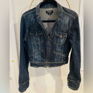 kensie Dark Blue Washed Denim Zip-Front Jean Jacket